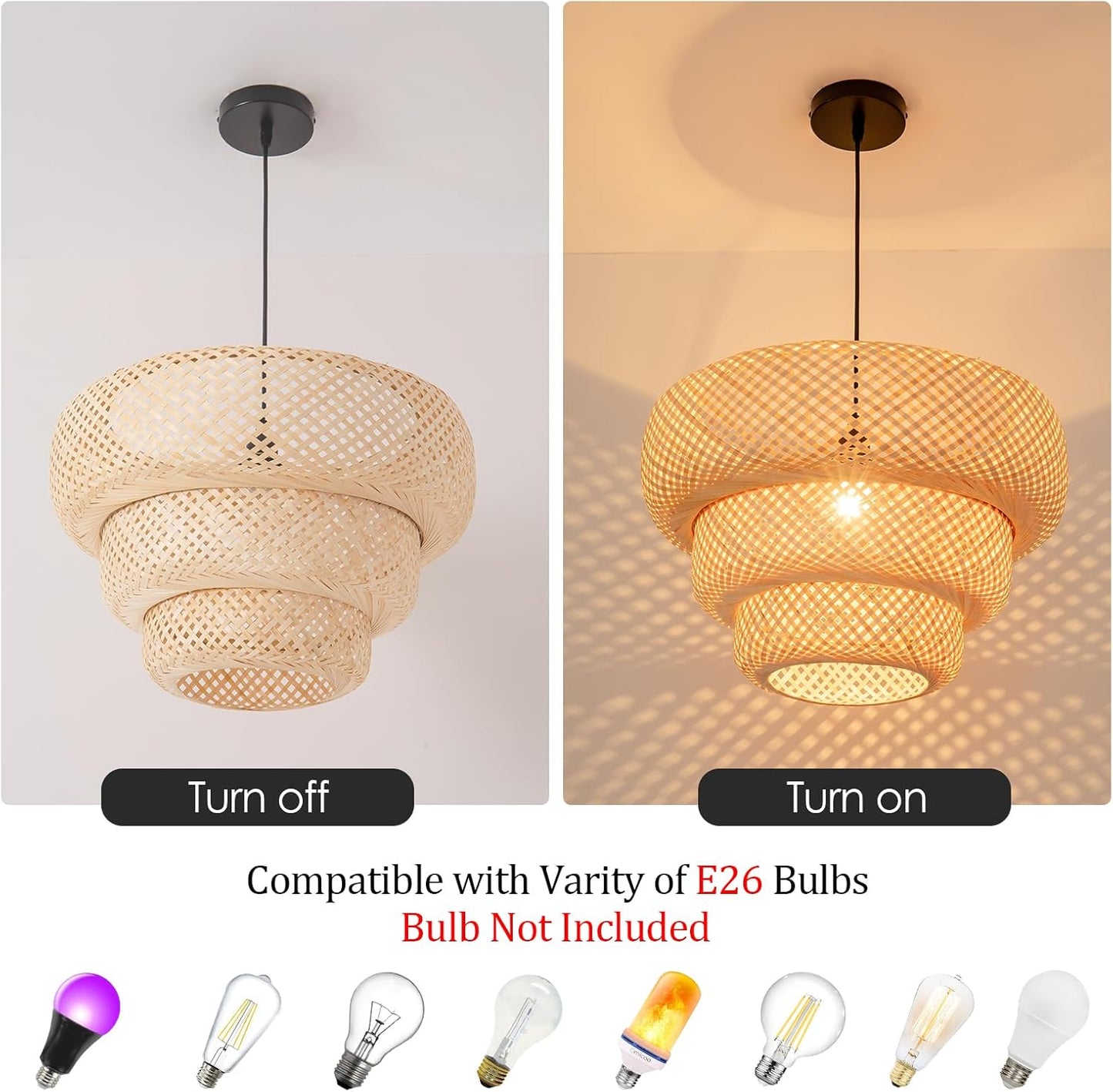 Bamboo Pendant Light,18.5" Boho Rattan Hanging Light 3-Tier Hand Woven Wicker Chandelier for Kitchen Island for Kitchen Island Dining Bedroom Living Room Restaurants