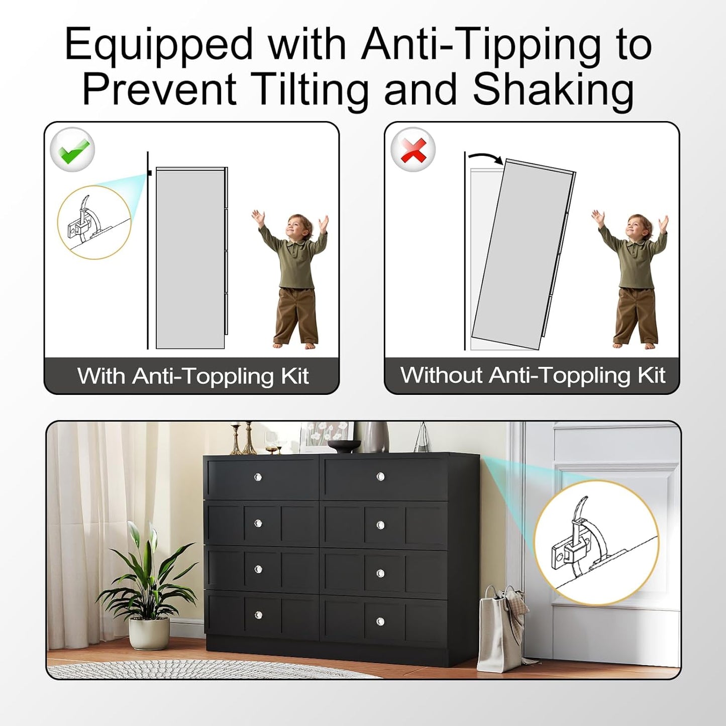 Wood Dresser for Bedroom 8 Drawer: 47" Black Chest of Drawers Wood, Modern Fluted Cabinet with Sturdy Storage, Wide Aesthetic Furniture for Room Organization