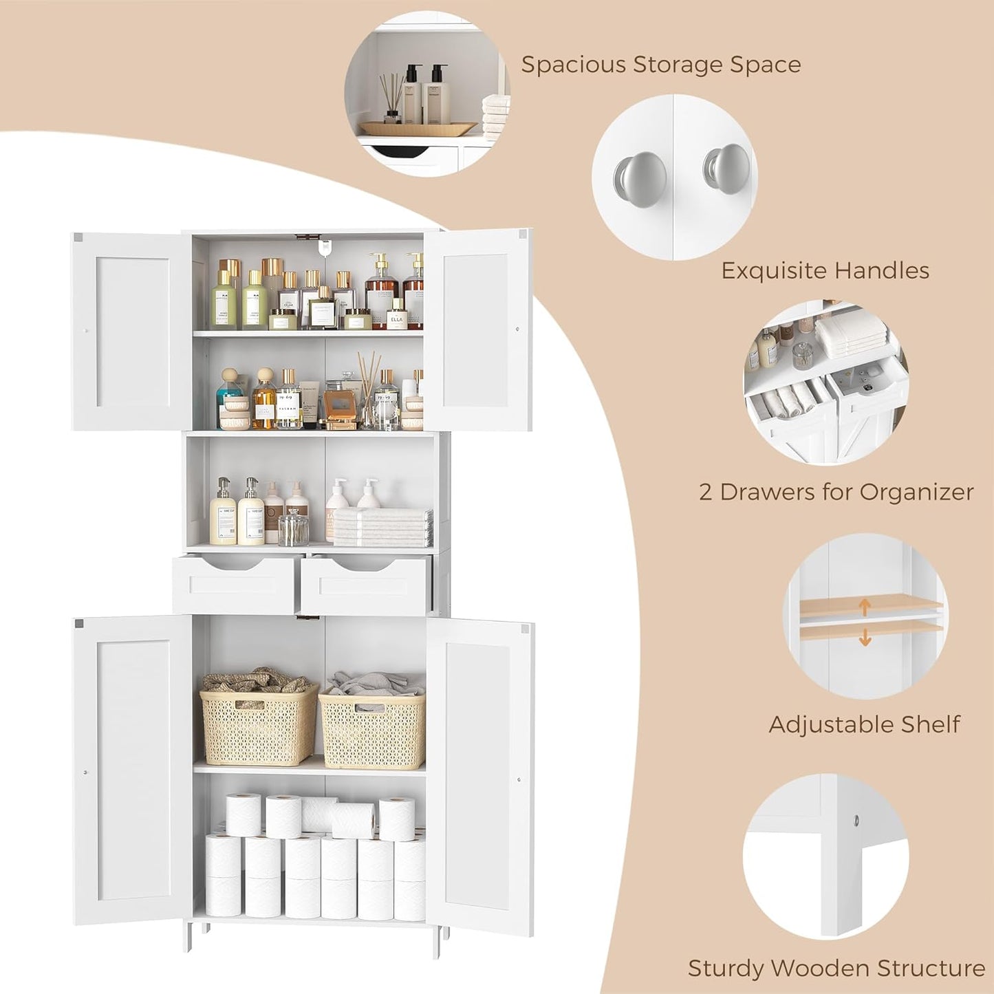 ANWBROAD 67” Bathroom Storage Cabinet Tall Storage Cabinet with Adjustable Shelves and Drawers Freestanding for Bathroom Kitchen Pantry Living Room Cabinet USBC002W