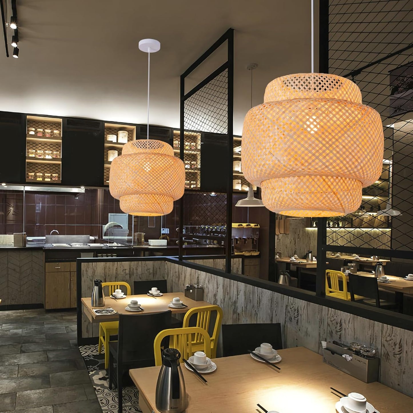 Bamboo Pendant Light,15.75" Hand-Woven Boho Rattan Hanging Lamp,1-Pack Farmhouse Wicker Chandelier for Dining Living Bedroom Kitchen