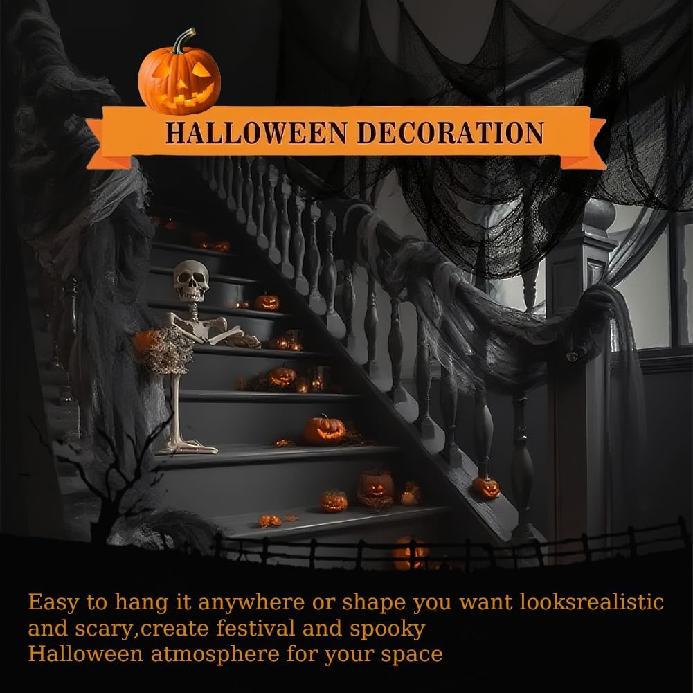 (Large Size 48 x 315 inch) Halloween Creepy Cloth - Spooky Giant Cheese Cloth Tapestry for Outdoor Yard Home Wall Decor Halloween Party Supplies & Decorations - Black