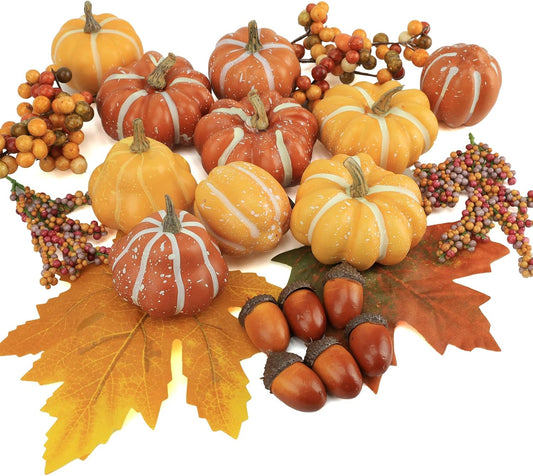 22 PCS Kit Artificial Pumpkins Decorations, Plastic Pumpkins for Autumn Decorating Kit Halloween Thanksgiving Party Supplies