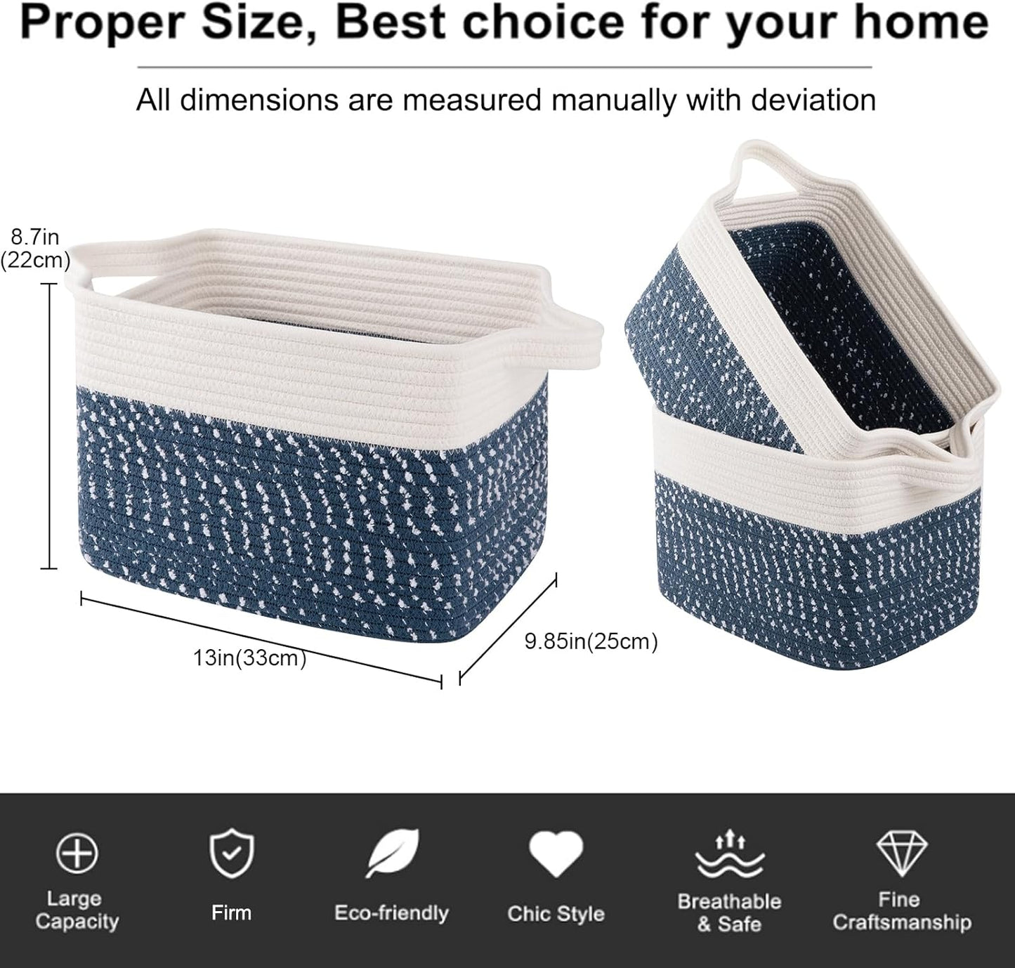 OIAHOMY Storage Basket, Woven Baskets for Storage, Cotton Rope Basket for toys,Towel Baskets for Bathroom - Pack of 3,White Blue