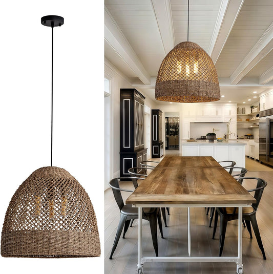 19" Rattan Pendant Light,Hand-Woven Rustic Wicker Hanging Light 3-Light Seagrass Ceiling Chandelier Oval Water Plants Rattan Chandelier for Dining Living Bedroom Kitchen Farmhouse