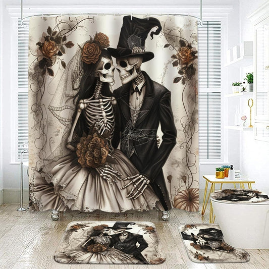 NEWSUYAA Halloween Decorations Shower Curtain Set with Non-Slip Rugs and Bath Mats,Black Skull Skeleton Bathtub Curtains with 12 Hooks,All Saints'Day (Nov 1st) Bathroom Decor